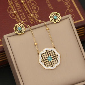 Orecchini Vintage 2 pz/set placcato oro 18K albero della vita in acciaio inox turchese <span class=keywords><strong>Hamsa</strong></span> collana ciondolo a mano Set gioielli - Product Image 4