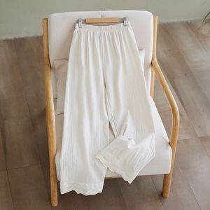 Cotton Linen Wide Leg Pants Loose Cropped With Lace Trim Women Spring Summer Casual Breathable Solid Color Apricot White - Product Image 2