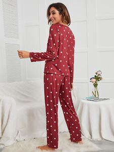 Pijama Feminino KISS ME ANGEL com Estampa de Poá, Gola Redonda, Manga Longa, Conjunto Confortável de Duas Peças para Uso em Casa - Product Image 5