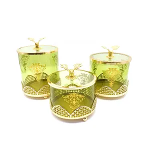 2024 New Product Custom Wholesale Golden Plated Green Glass Candy Jar with Glass Lid Gold Metal Candy Jar