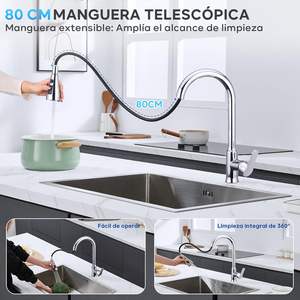 <span class=keywords><strong>Grifo</strong></span> de Fregadero de <span class=keywords><strong>Cocina</strong></span>, Monomando, Montaje en Cubierta, 3 Modos, Llave Inglesa, <span class=keywords><strong>Manguera</strong></span> Extraíble, Rotación de 360°, Mezclador de Acero Inoxidable, Agua Fría y Caliente - Product Image 2