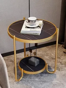 Mesa de café redonda design moderno com armazenamento, base de mármore dourada preta e café