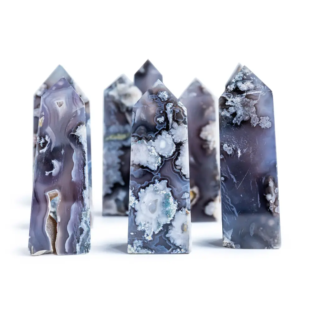 Wholesale Natural Crystal Quartz Tower Healing Stones Folk Crafts Black Flower Agate Point