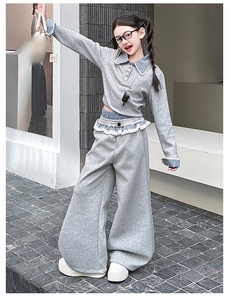 Ensemble Sportif 2 Pièces <span class=keywords><strong>Fille</strong></span> Automne 2026 : Sweat-shirt Gris Clair Bleu à Col Rabattu en Dentelle + <span class=keywords><strong>Pantalon</strong></span> Large - Product Image 6