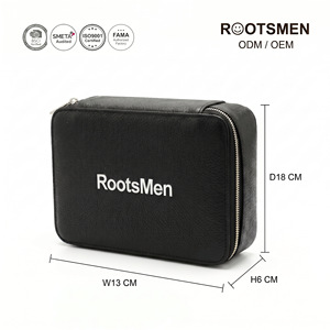 Rootsmen Custom Black Textured Leather Water Resistant Fashion Hanging Large Soft Lightweight Travel <b>Makeup</b> Bag Zipper Cosmetic - Product Image 1