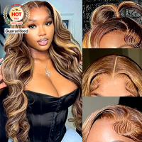 Perruque Lace Frontale HD 13x4 en Cheveux Humains, Densité 200, Ombré avec Mèches Colorées, Ondulation Body Wave, avec Ligne de Cheveux Pré-épilée