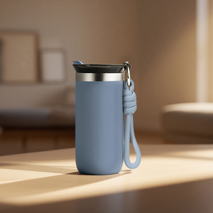 Gobelet isotherme en acier inoxydable de bonne qualité, à double paroi, avec couvercle et cordon - Product Image 1