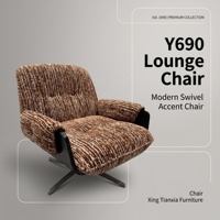 Fauteuil pivotant moderne en tissu marron capitonné avec structure en contreplaqué courbé et base métallique pour la maison ou le bureau