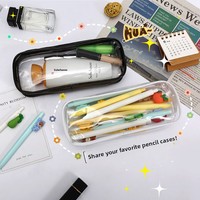 Organisateur de maquillage et de toilette simple et transparent avec fermeture éclair |   Trousse à crayons étanche en PVC couleur unie noir et blanc pour étudiants transfrontaliers