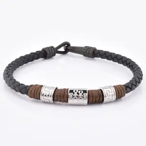 New Products Stainless Steel Clasp Black Leather Double Layer Bracelet For Men