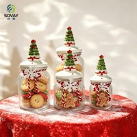 Stoples Kue Kaca Tutup Pohon Natal, 3 Ukuran 270ml 650ml 950ml, Wadah Bening Bergaris, Kontainer Penyimpanan Makanan Kering Dapur