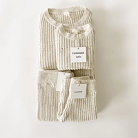 Set Sweater Bayi Katun Berwarna dengan Logo Custom, Celana Rajut Tebal Bergaris, Pakaian Musim Dingin, Rajutan Anak Lengan Panjang