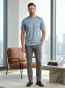 Camiseta <span class=keywords><strong>de</strong></span> seda <span class=keywords><strong>de</strong></span> morera <span class=keywords><strong>de</strong></span> manga corta para hombre, estilo casual <span class=keywords><strong>de</strong></span> lujo ligero, antiarrugas, transpirable, con cuello redondo y corte recto. - Product Image 5