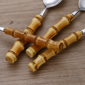 Ensemble de <span class=keywords><strong>couverts</strong></span> en bambou naturel 100% véritable, style vintage unique, poli miroir <span class=keywords><strong>argenté</strong></span> en acier inoxydable, retour à l'école - Product Image 4