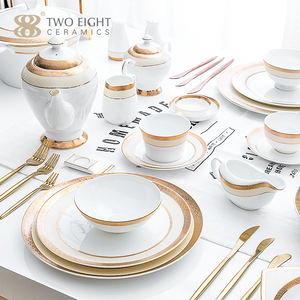 Juego de vajilla de porcelana China con borde dorado, juego de vajilla de cerámica de lujo, 57 Uds., venta al por mayor - Product Image 3