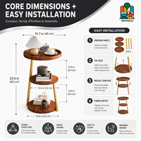 Table basse moderne à trois niveaux en bois rond avec plateau surélevé et élégant cadre fin doré