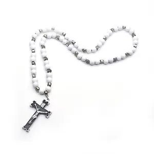 Collar con colgante de Cruz para hombre, cuentas de madera con el rosario de la Iglesia Católica