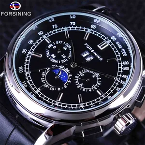 forsining GMT912豪华月相设计真皮时尚休闲穿着刻度盘男式手表豪华自动时钟