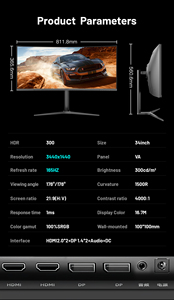 34 inch UltraWide cong LED-Backlit LCD <span class=keywords><strong>Monitor</strong></span> 144Hz Tỷ lệ làm mới va Bảng điều chỉnh HDR HD cho Máy tính chơi game-cho máy tính để bàn máy tính xách tay - Product Image 6
