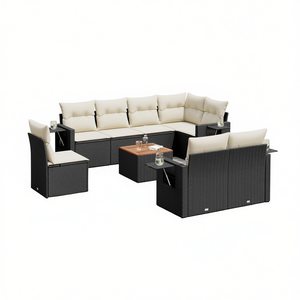 Ensemble de salon de jardin en rotin blanc crème et noir avec coussins, 6 places, mobilier d'extérieur, design contemporain - Product Image 1