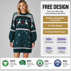 FNJIA Women Knit <strong>Christmas</strong> <strong>Dress</strong> Reindeer Snowflake Poinsettia Jacquard Crew Neck Women <strong>Dress</strong> Festive Knitwear OEM Custom Design - Product Image 5
