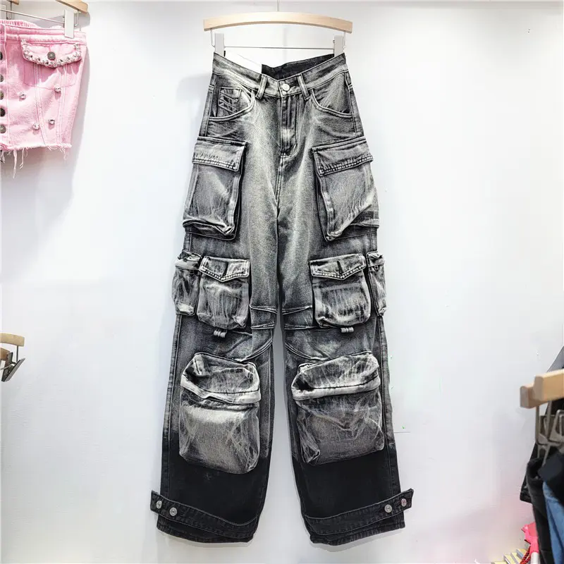 Automne nouvelle grande poche Design lavage dégradé travail costume parachutiste pantalon jean décontracté pour les femmes
