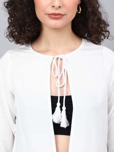 Tunique Courte en Coton Uni pour Femme, Manches 3/4 Évasées, Col Rond à Nouer, Pièce Unique Décontractée pour le Collège et le Bureau - Product Image 6