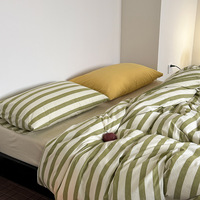 Parure de lit en coton rayé vert simple, housse de couette 4 pièces en coton rayé, ensemble de housse de couette pour la vente en gros