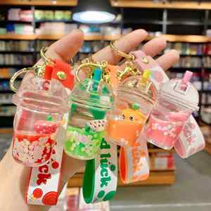 Creative Fruit Strawberry Pineapple Milk Tea <b>Cup</b> Key Chain Floating Sand Oil in Pendant Car Key Chain Bag Pendant - Product Image 1