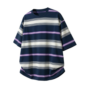 T-Shirt a Righe Stile Americano da Uomo, Manica Corta Oversize, Mezza Manica - Product Image 3