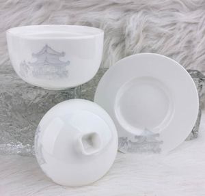 Bol à porridge élégant en céramique avec couvercle et sous-plat, motif personnalisé, bord doré, bol de service en porcelaine - Product Image 1