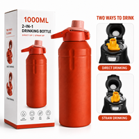 Bouteille d'eau isotherme en acier inoxydable 1000 ml à double mode avec bec rotatif, paille à boire directement, verrou de glissière, anti-fuite, double paroi