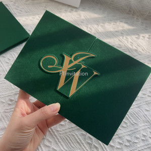 Luxury Emerald Green Velvet Hardcover Wedding Invitation Set Gold Foil Clear Acrylic <strong>Card</strong> Handmade 2mm/3mm Thick Stylish Paper - Product Image 4