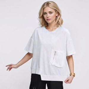 Women's Oversized White Cotton T-Shirt Zipper Pocket Loose Fit O-Neck Short Sleeve <b>Sequined</b> Anti-Pilling Casual Flock Print All - Product Image 1