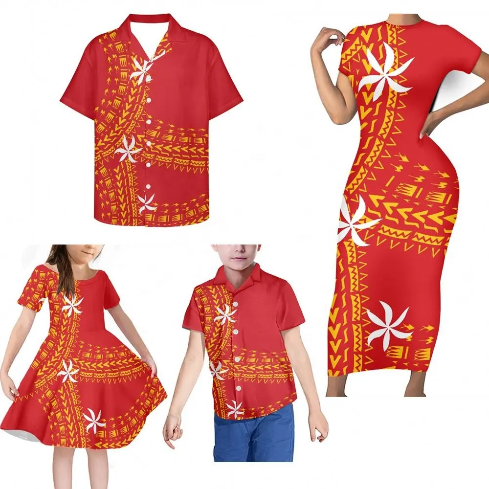 Red Samoan Fiji Design Family Set Clothes 4 Pcs Summer Women Dress Girl And Boys Clothing Sets Custom Logo Family Matching Cloth