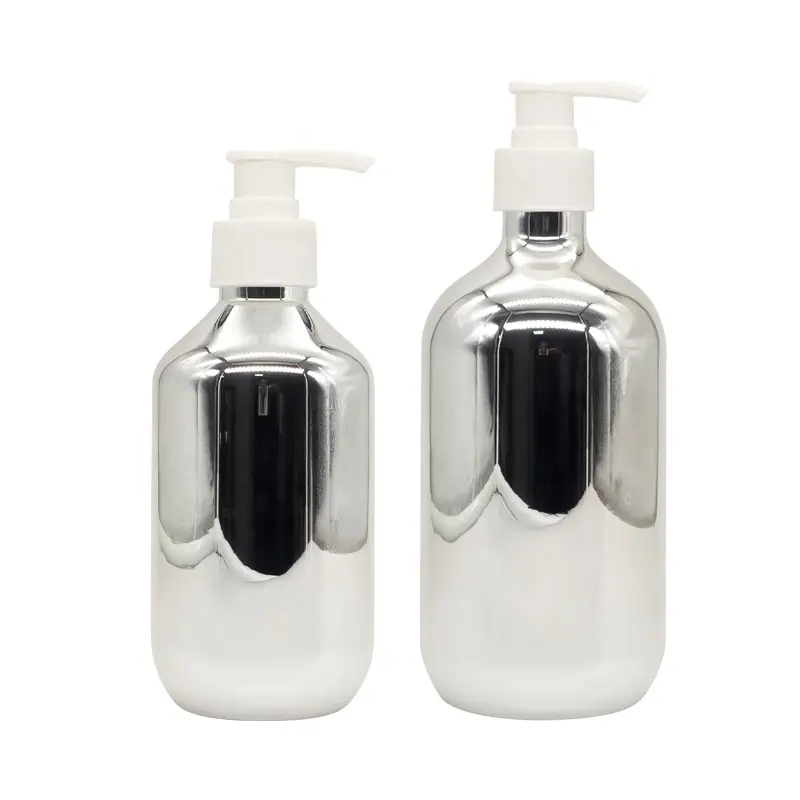 Luxus PET 300ml 500ml Galvanik Silber runde Plastik lotion Flasche mit Pumpe für Shampoo Conditioner Dusche