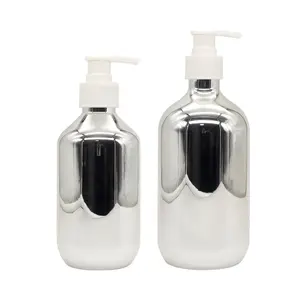 Luxury PET 300ml 500ml electroplating silver round plastic lotion bottle with pump for shampoo conditioner shower