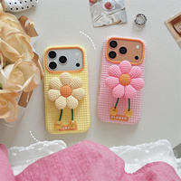 Casing HP 3D Daisy Pop Grip Tekstur Kotak-Kotak Lucu untuk iPhone 17 Pro Max 16 15 14 13 dengan Tali Pegangan Awan dan Pelindung Silikon