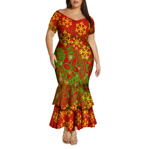 カスタムロゴハワイスタイルプリントデザインクリスマスドレス女性オフショルダーマーメイドロングドレスポリネシアフィッシュテールプロムドレス - Product Image 2