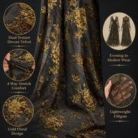Tissu en maille floquée extensible, effet brûlé, dévoré, doré antique, métallique, élastique, texturé, transparent, velours floral pour Abaya de Dubaï