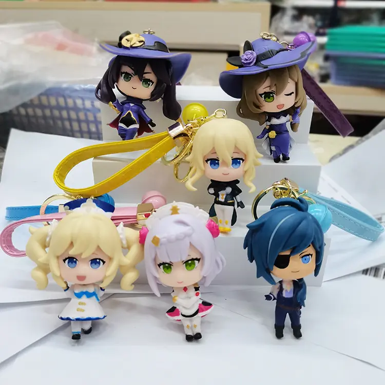 6pcs in one Set High Quality 8cm PVC Figure with Band and Bell Golden Key chain for the Fans of Genshin Impact as Gift