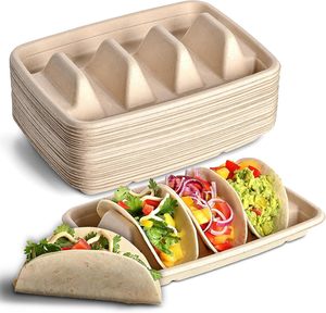 Barquettes à tacos jetables en bagasse à 3 compartiments, emballage compostable pour tacos à emporter - Product Image 1