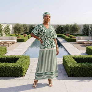 Pronta Consegna: Abito Lungo da Donna Stile Europeo e Americano, Nuova Collezione Autunno 2025, Moda Africana con Motivi Geometrici, Scollo a V, Maniche Corte, Vestibilità Ampia - Product Image 6