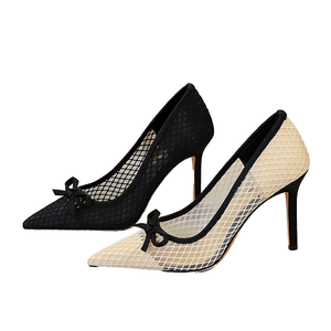 Zapatos de tacón alto de estilo francés, elegantes, con lazo, punta en pico, corte bajo, malla de encaje, tacón de aguja, sin cordones, de PU para mujer - Product Image 1