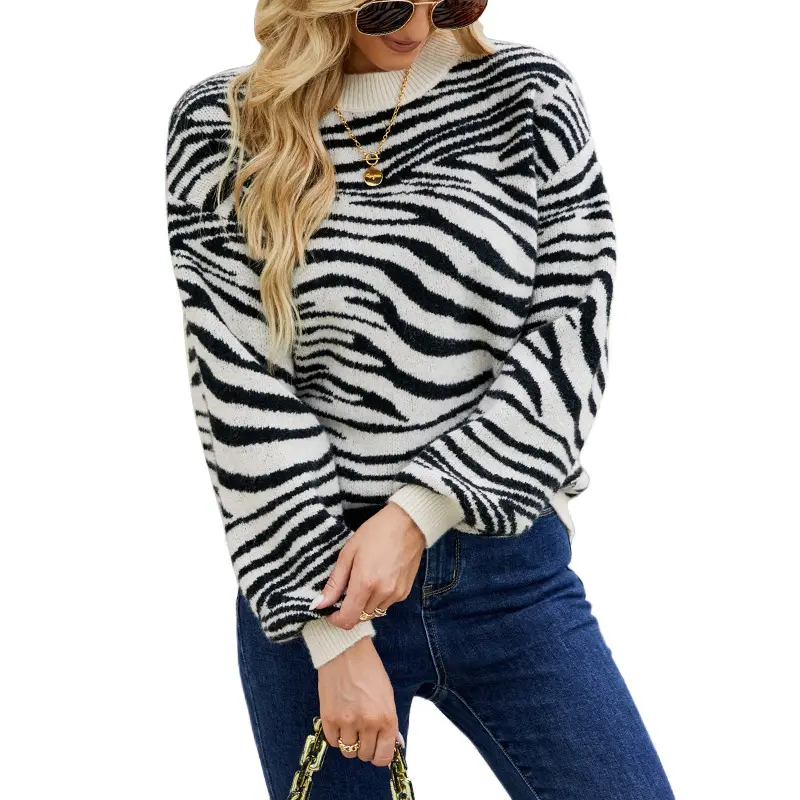 로고 사용자 정의 여성 자카드 스웨터 니트 크루 넥 드롭 숄더 풀오버 타이거 동물 패턴 니트 스웨터 여성