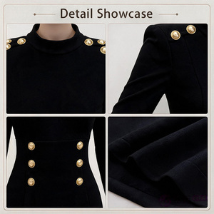 Abito da Donna <span class=keywords><strong>Nero</strong></span> a <span class=keywords><strong>Maniche</strong></span> <span class=keywords><strong>Lunghe</strong></span> con Bottoni Dorati, <span class=keywords><strong>Vestito</strong></span> Aderente <span class=keywords><strong>Midi</strong></span> per Ufficio e Feste, Produzione all'Ingrosso OEM con Spedizione Rapida - Product Image 2