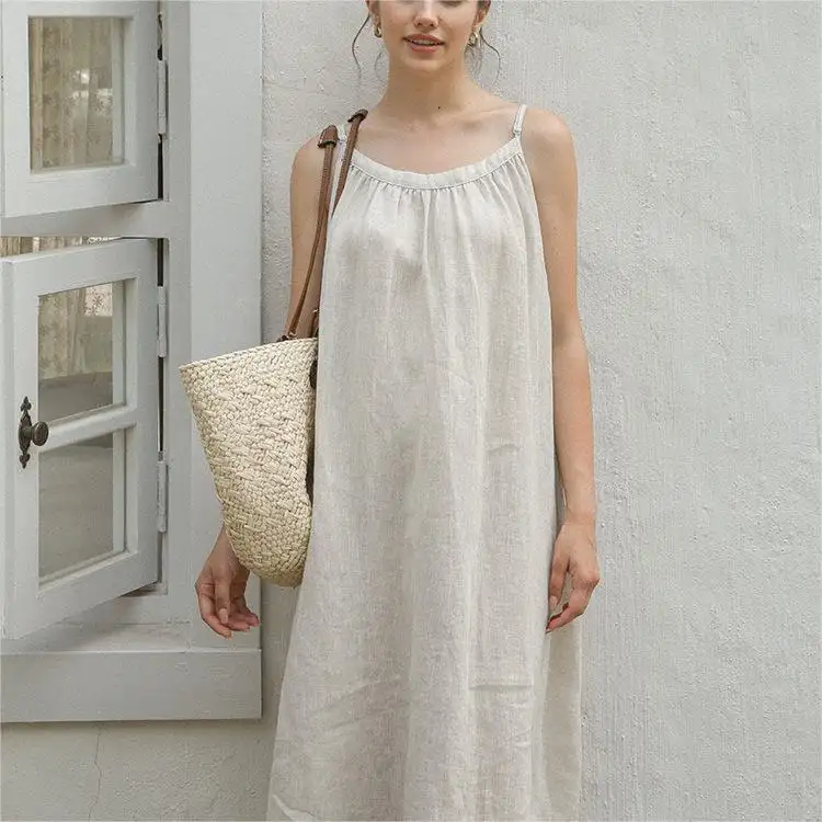 Personalizzato di alta qualità da donna estate largo Vintage Casual Maxi lungo senza maniche tinta unita 100 per cento da donna abito di lino taglia libera