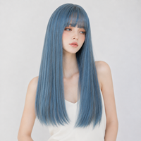 Peluca Azul con Flequillo, Peluca de Cabello Sintético para Mujer, Peluca Larga y Lisa de 24 Pulgadas con Reflejos de Color para Cosplay, Pelucas Anime Lolita