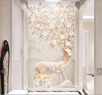 Papier peint mural style nordique avec motif de cerf, tissu mural gaufré 3D 8D de luxe pour la décoration de l'entrée, du couloir et du mur de fond