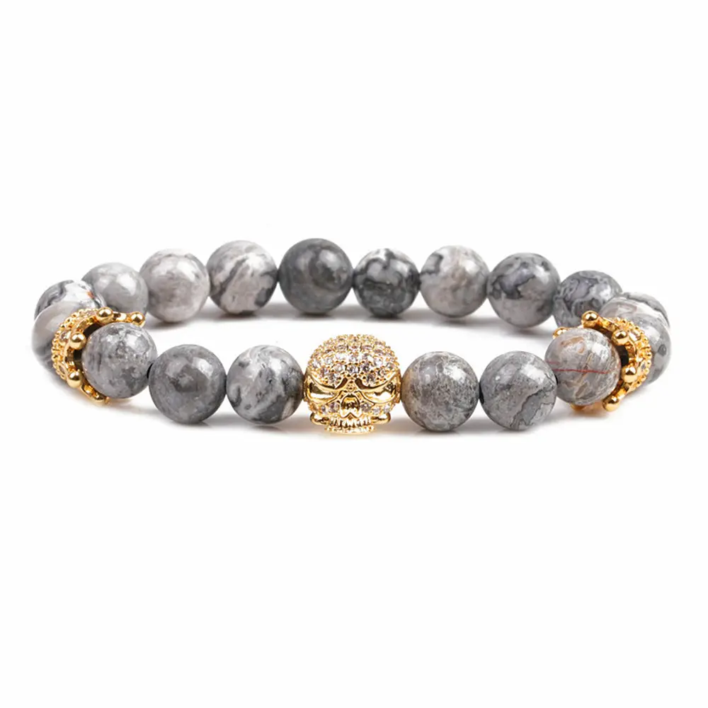 Einzigartiges Design Mode Perlen Schmuck Zierlicher Naturstein und Luxus Gold Schädel Charm Dekoriertes Armband